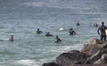 Surfing inside the south Mission Beach jetty channel blank